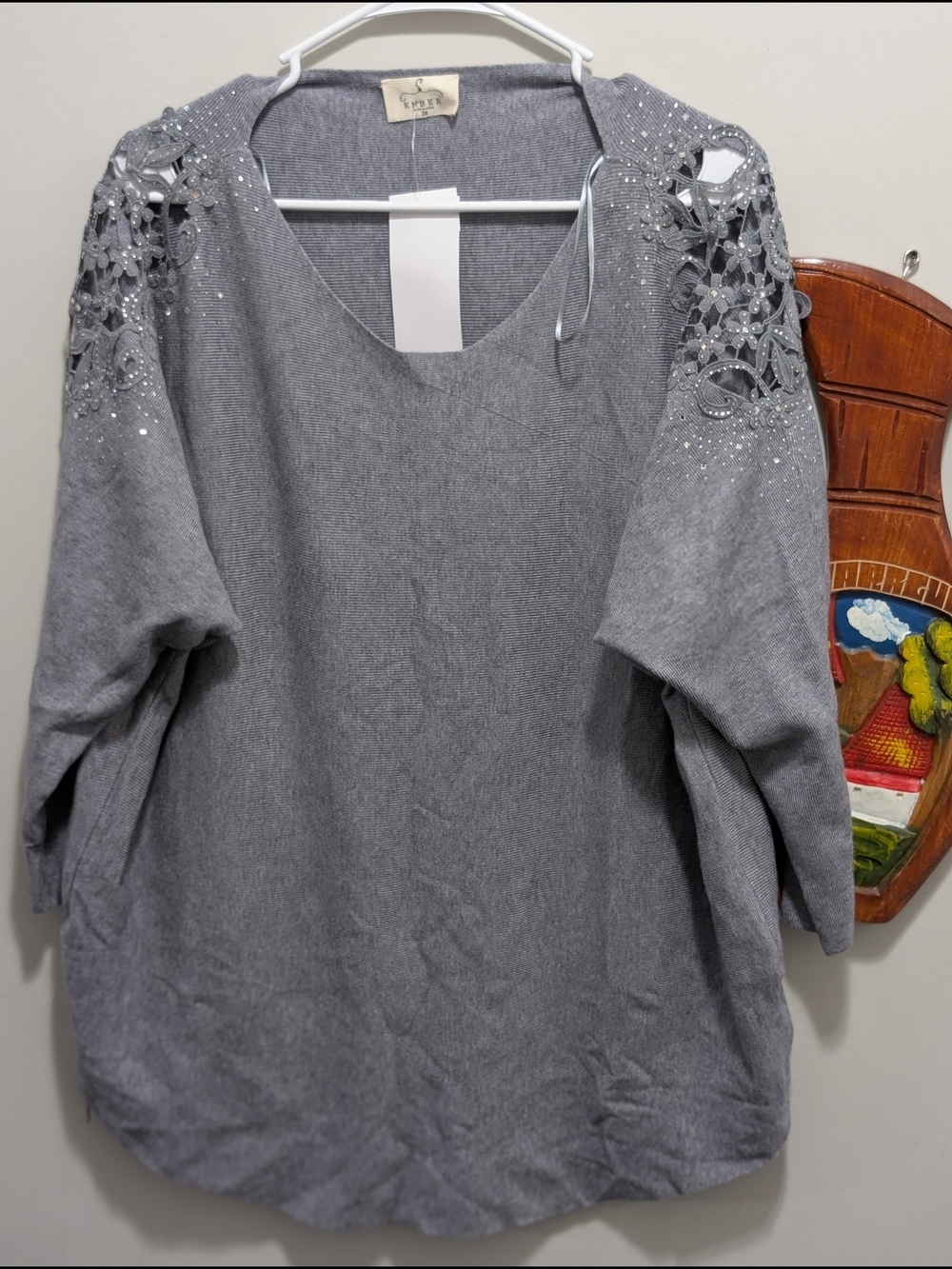 Women’s Grey Crochet Shoulder Embellished Sweater -